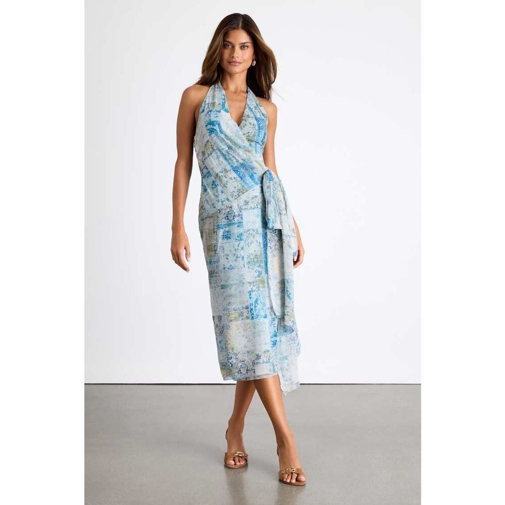 NEW Lulu’s Francine Multi Boho Print Halter Midi Dress in Blue Medium